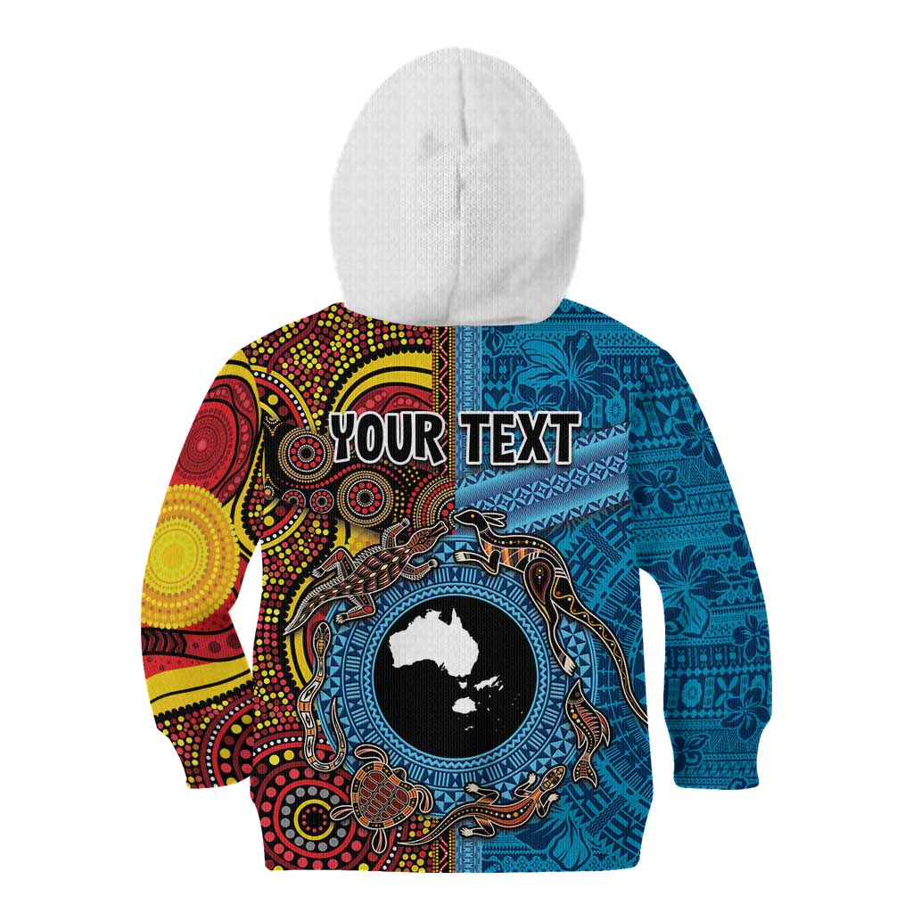 Personalised Australia and Fiji Together Kid Hoodie Tribal Palm Tree with Tapa and Aboriginal Animals Half Style - Vibe Hoodie Shop