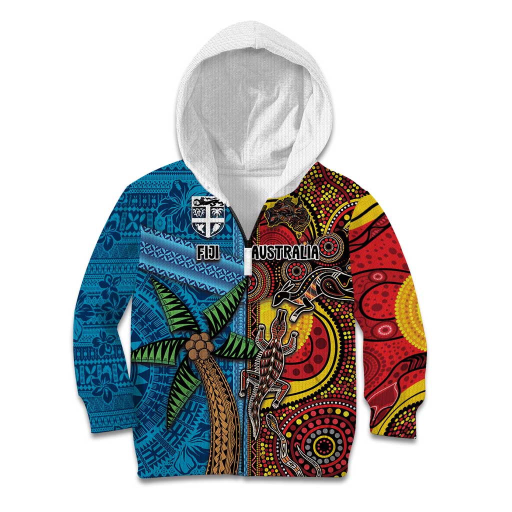 Personalised Australia and Fiji Together Kid Hoodie Tribal Palm Tree with Tapa and Aboriginal Animals Half Style - Vibe Hoodie Shop