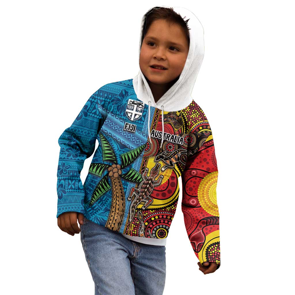 Personalised Australia and Fiji Together Kid Hoodie Tribal Palm Tree with Tapa and Aboriginal Animals Half Style - Vibe Hoodie Shop