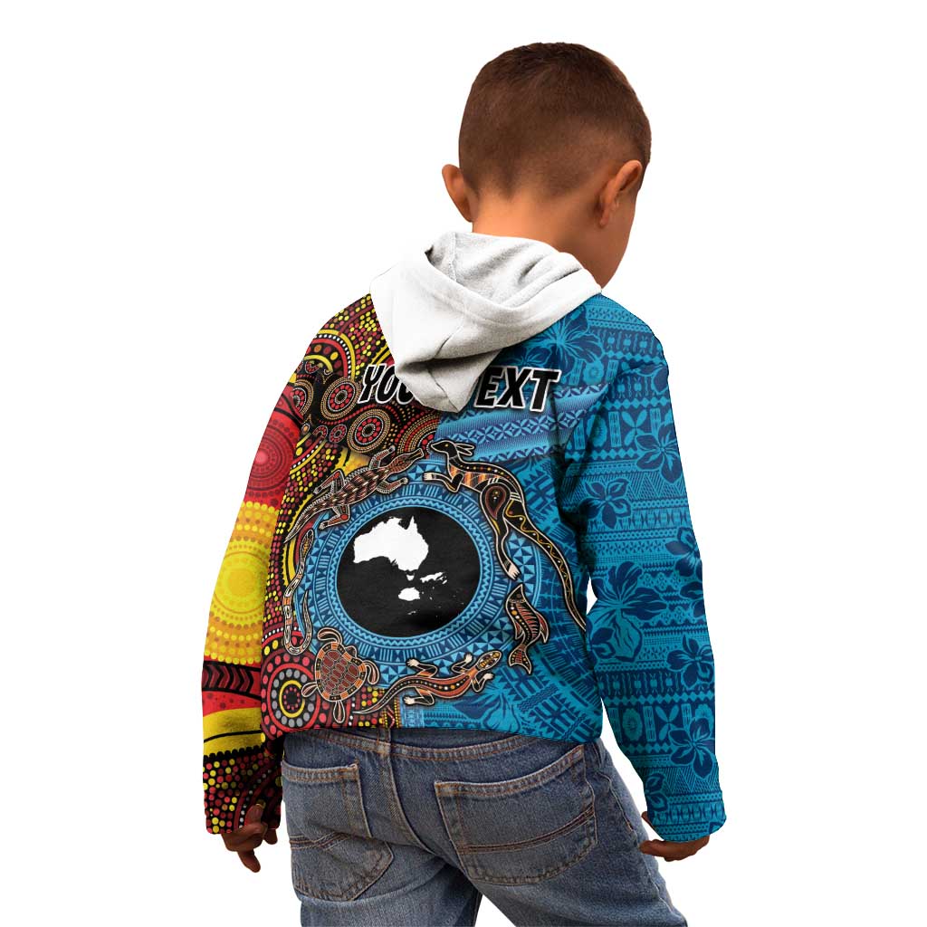 Personalised Australia and Fiji Together Kid Hoodie Tribal Palm Tree with Tapa and Aboriginal Animals Half Style - Vibe Hoodie Shop