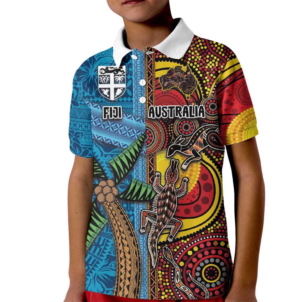 Personalised Australia and Fiji Together Kid Polo Shirt Tribal Palm Tree with Tapa and Aboriginal Animals Half Style - Vibe Hoodie Shop