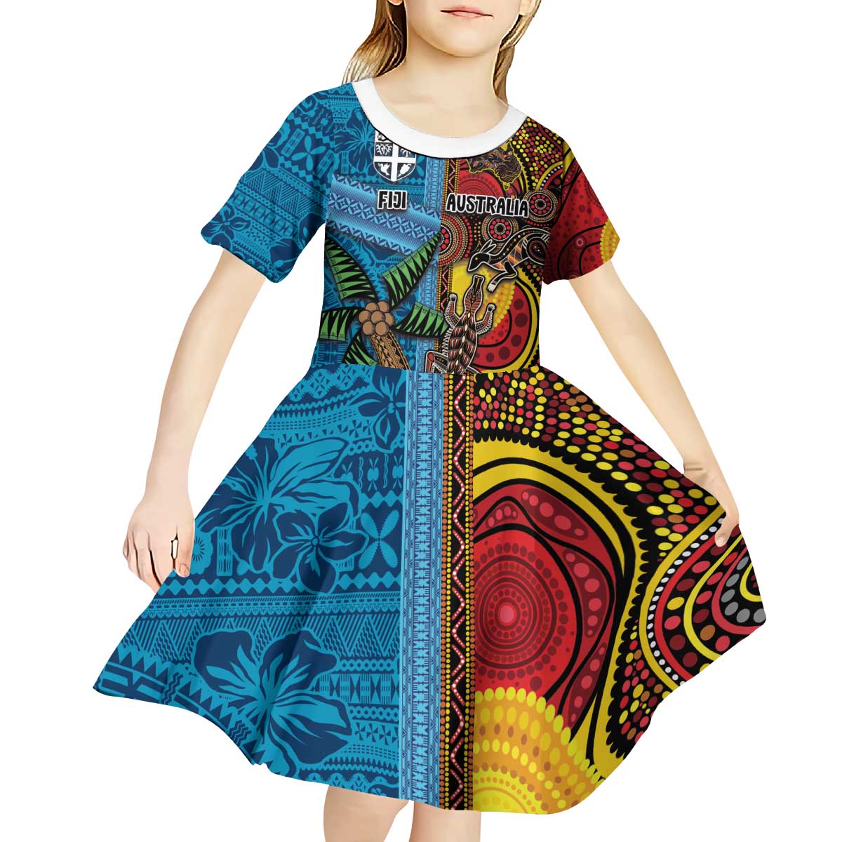 Personalised Australia and Fiji Together Kid Short Sleeve Dress Tribal Palm Tree with Tapa and Aboriginal Animals Half Style - Vibe Hoodie Shop