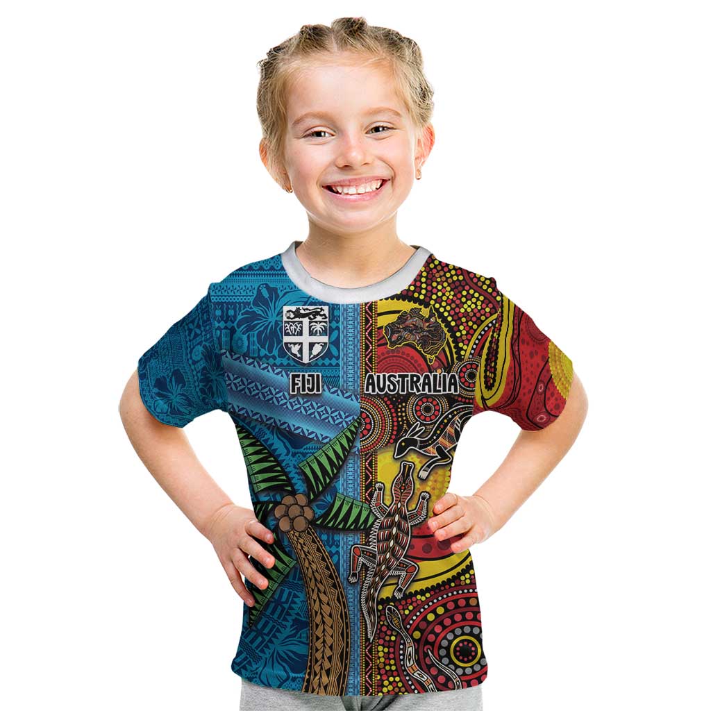 Personalised Australia and Fiji Together Kid T Shirt Tribal Palm Tree with Tapa and Aboriginal Animals Half Style - Vibe Hoodie Shop