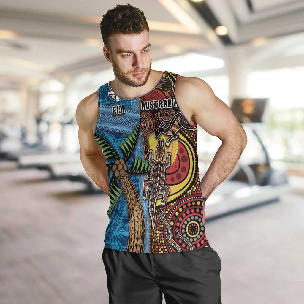 Personalised Australia and Fiji Together Men Tank Top Tribal Palm Tree with Tapa and Aboriginal Animals Half Style - Vibe Hoodie Shop