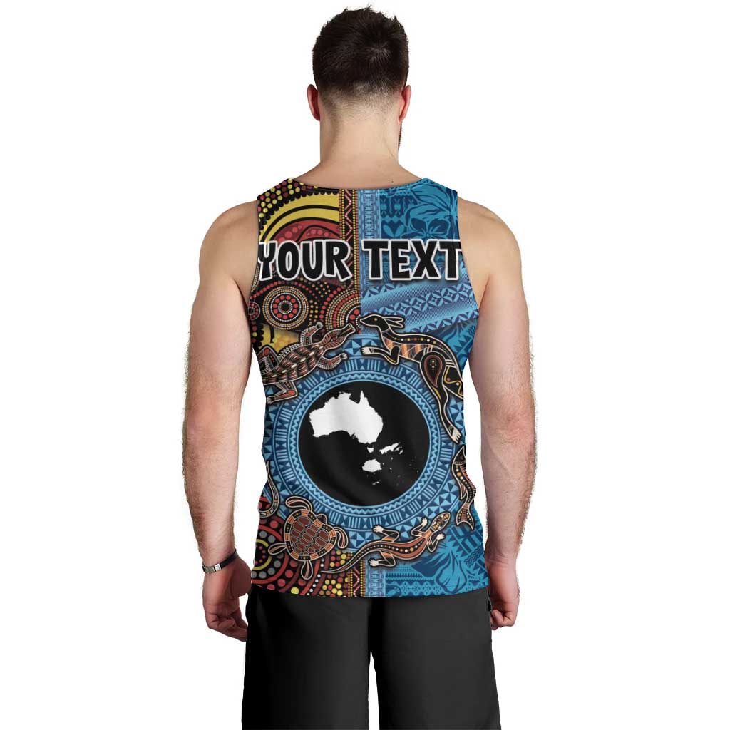 Personalised Australia and Fiji Together Men Tank Top Tribal Palm Tree with Tapa and Aboriginal Animals Half Style - Vibe Hoodie Shop