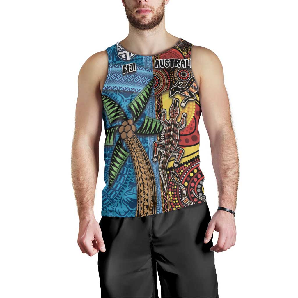 Personalised Australia and Fiji Together Men Tank Top Tribal Palm Tree with Tapa and Aboriginal Animals Half Style - Vibe Hoodie Shop