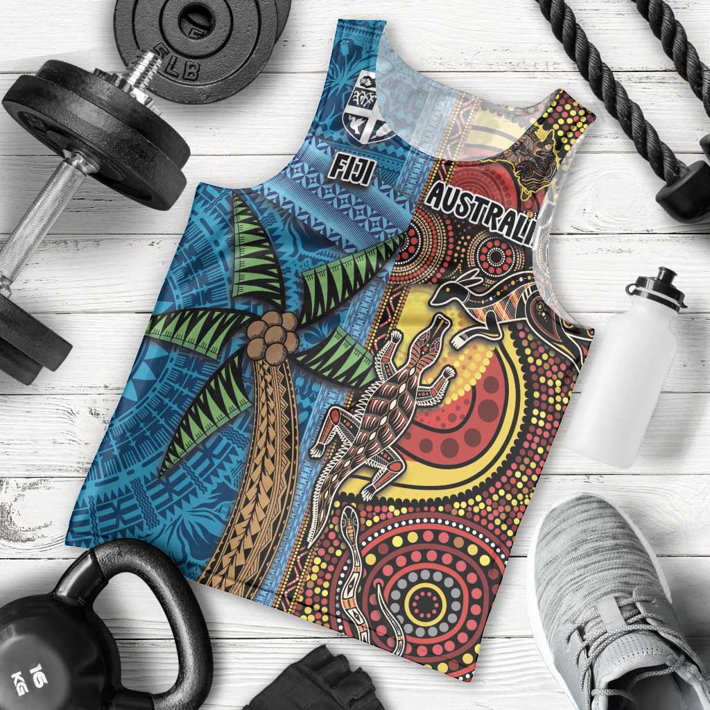 Personalised Australia and Fiji Together Men Tank Top Tribal Palm Tree with Tapa and Aboriginal Animals Half Style - Vibe Hoodie Shop