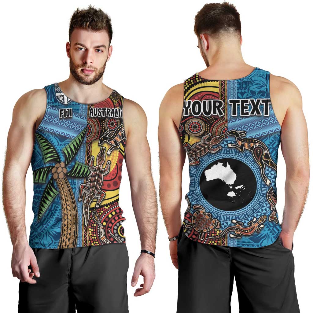 Personalised Australia and Fiji Together Men Tank Top Tribal Palm Tree with Tapa and Aboriginal Animals Half Style - Vibe Hoodie Shop