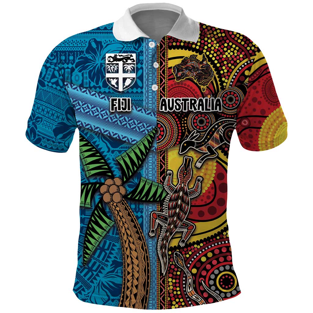 Personalised Australia and Fiji Together Polo Shirt Tribal Palm Tree with Tapa and Aboriginal Animals Half Style - Vibe Hoodie Shop