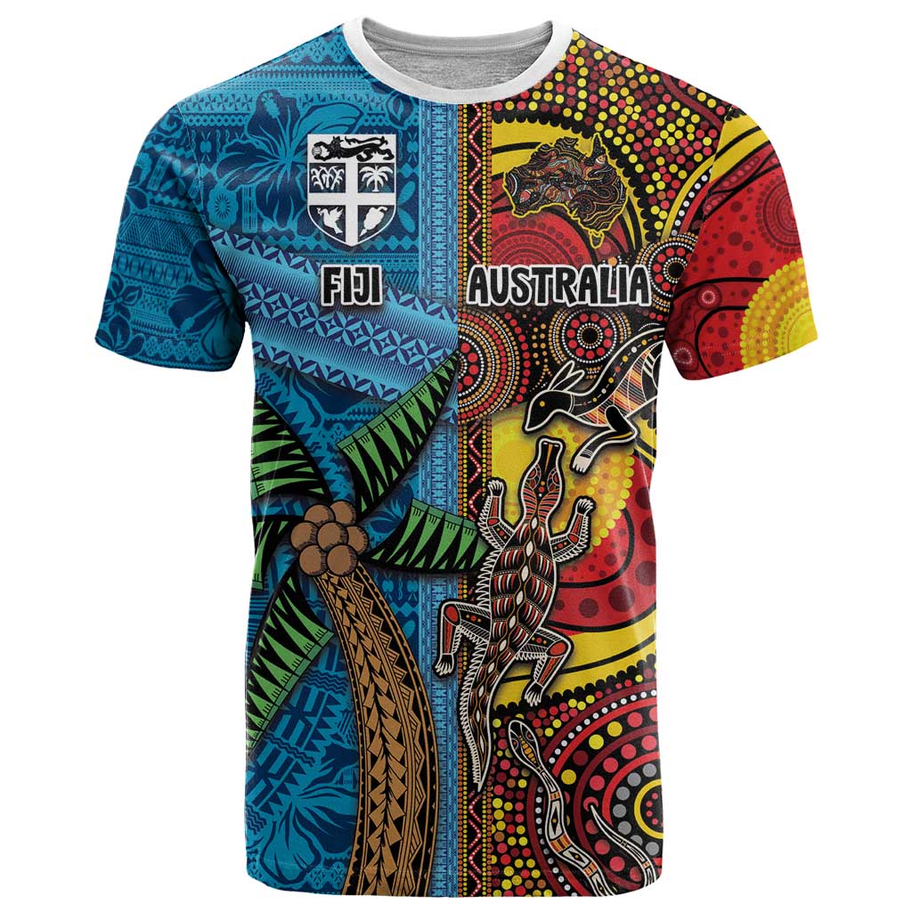 Personalised Australia and Fiji Together T Shirt Tribal Palm Tree with Tapa and Aboriginal Animals Half Style - Vibe Hoodie Shop