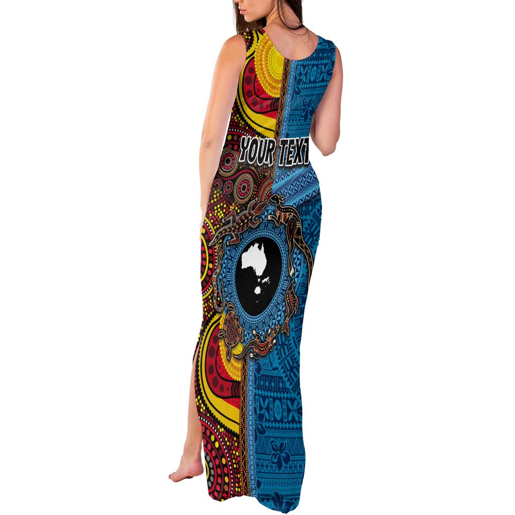 Personalised Australia and Fiji Together Tank Maxi Dress Tribal Palm Tree with Tapa and Aboriginal Animals Half Style