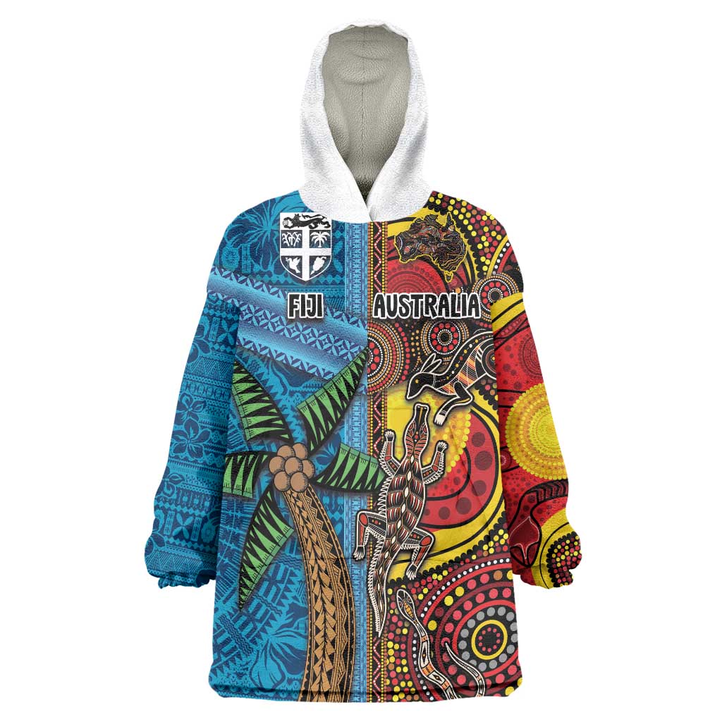 Personalised Australia and Fiji Together Wearable Blanket Hoodie Tribal Palm Tree with Tapa and Aboriginal Animals Half Style - Vibe Hoodie Shop