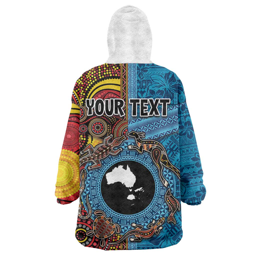 Personalised Australia and Fiji Together Wearable Blanket Hoodie Tribal Palm Tree with Tapa and Aboriginal Animals Half Style - Vibe Hoodie Shop