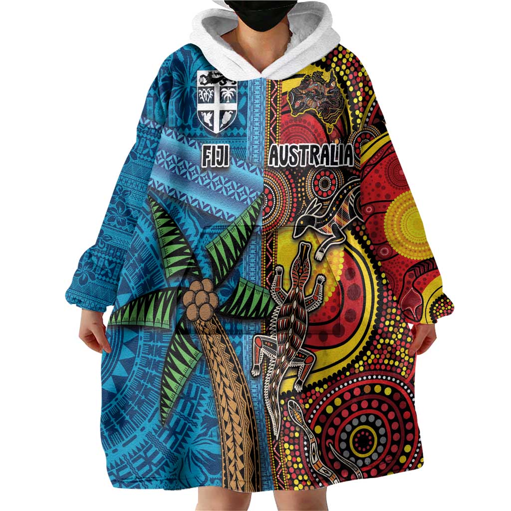 Personalised Australia and Fiji Together Wearable Blanket Hoodie Tribal Palm Tree with Tapa and Aboriginal Animals Half Style - Vibe Hoodie Shop