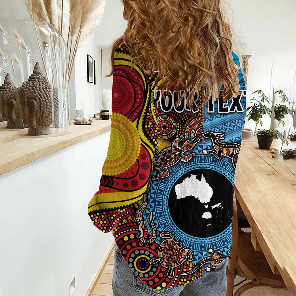 Personalised Australia and Fiji Together Women Casual Shirt Tribal Palm Tree with Tapa and Aboriginal Animals Half Style - Vibe Hoodie Shop