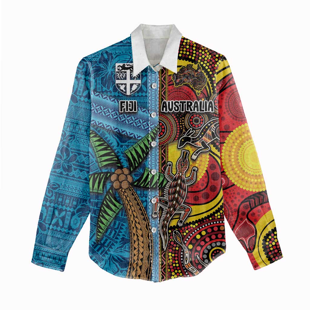 Personalised Australia and Fiji Together Women Casual Shirt Tribal Palm Tree with Tapa and Aboriginal Animals Half Style - Vibe Hoodie Shop