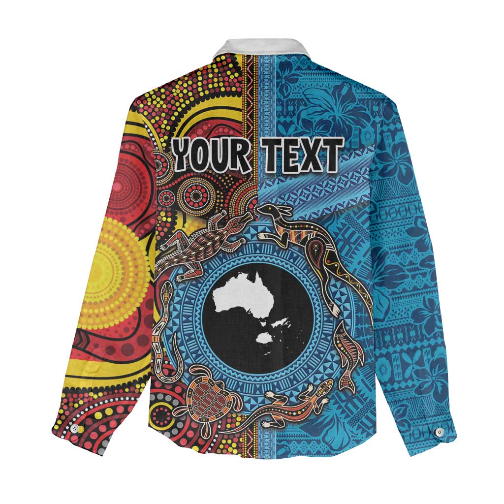 Personalised Australia and Fiji Together Women Casual Shirt Tribal Palm Tree with Tapa and Aboriginal Animals Half Style - Vibe Hoodie Shop