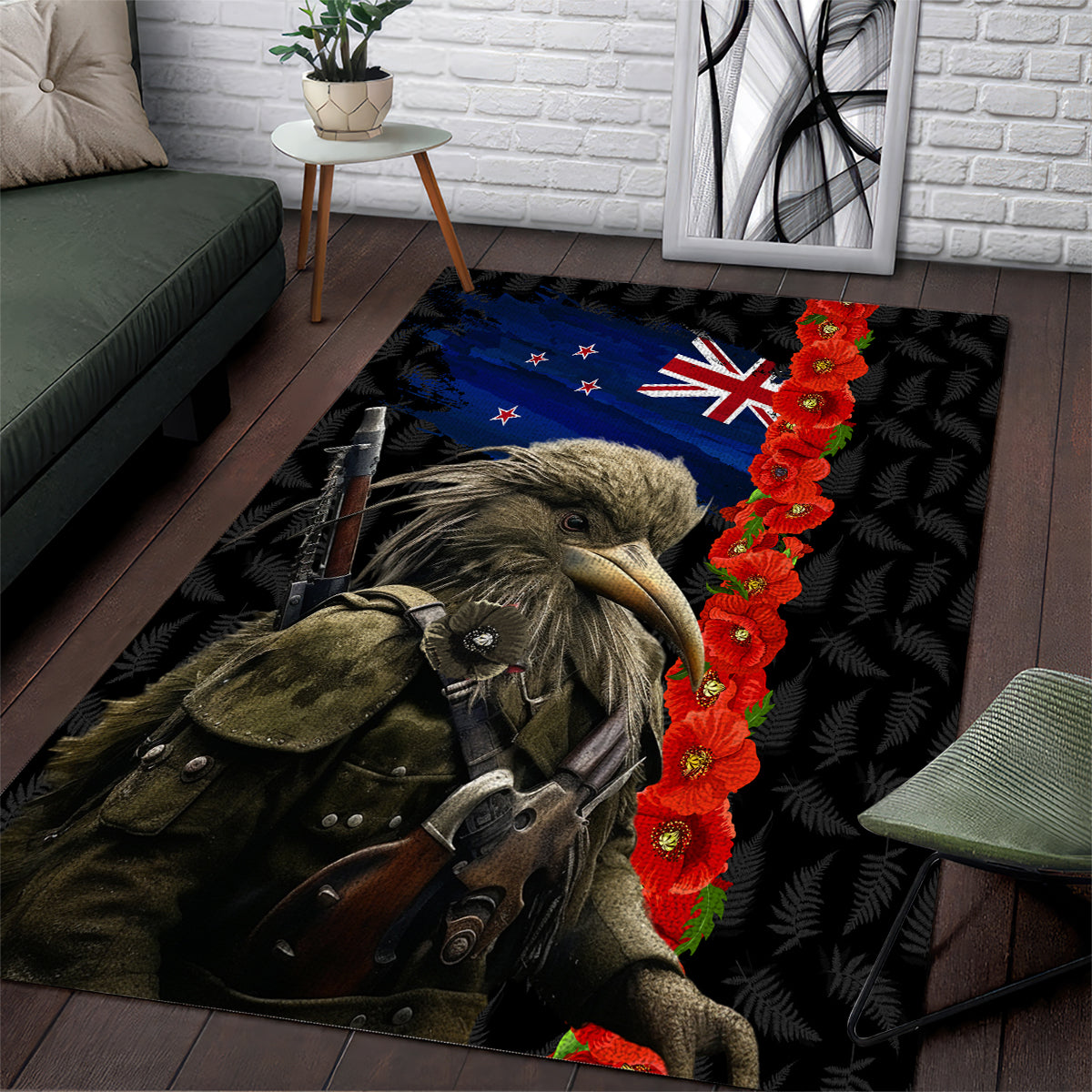 New Zealand Kiwi Soldier ANZAC Area Rug Red Poppy Flower and Silver Fern Pattern - Vibe Hoodie Shop