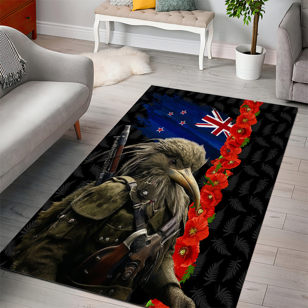 New Zealand Kiwi Soldier ANZAC Area Rug Red Poppy Flower and Silver Fern Pattern - Vibe Hoodie Shop