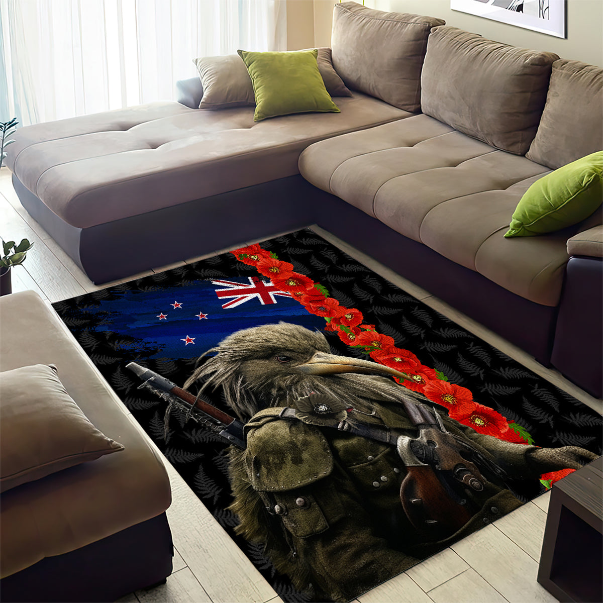 New Zealand Kiwi Soldier ANZAC Area Rug Red Poppy Flower and Silver Fern Pattern - Vibe Hoodie Shop