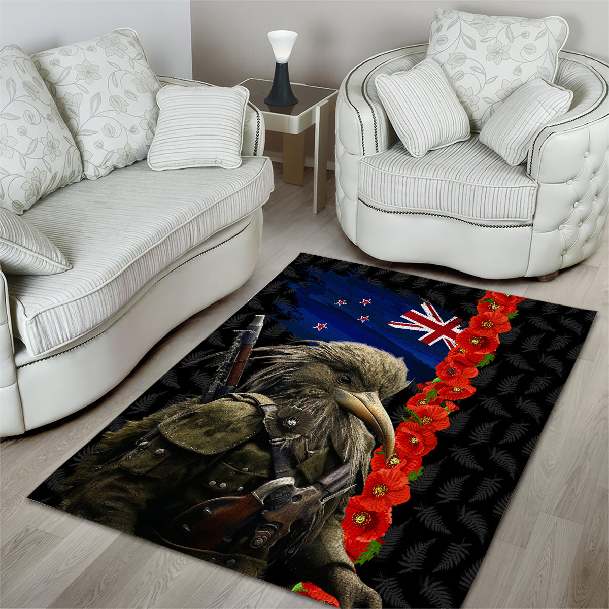 New Zealand Kiwi Soldier ANZAC Area Rug Red Poppy Flower and Silver Fern Pattern - Vibe Hoodie Shop