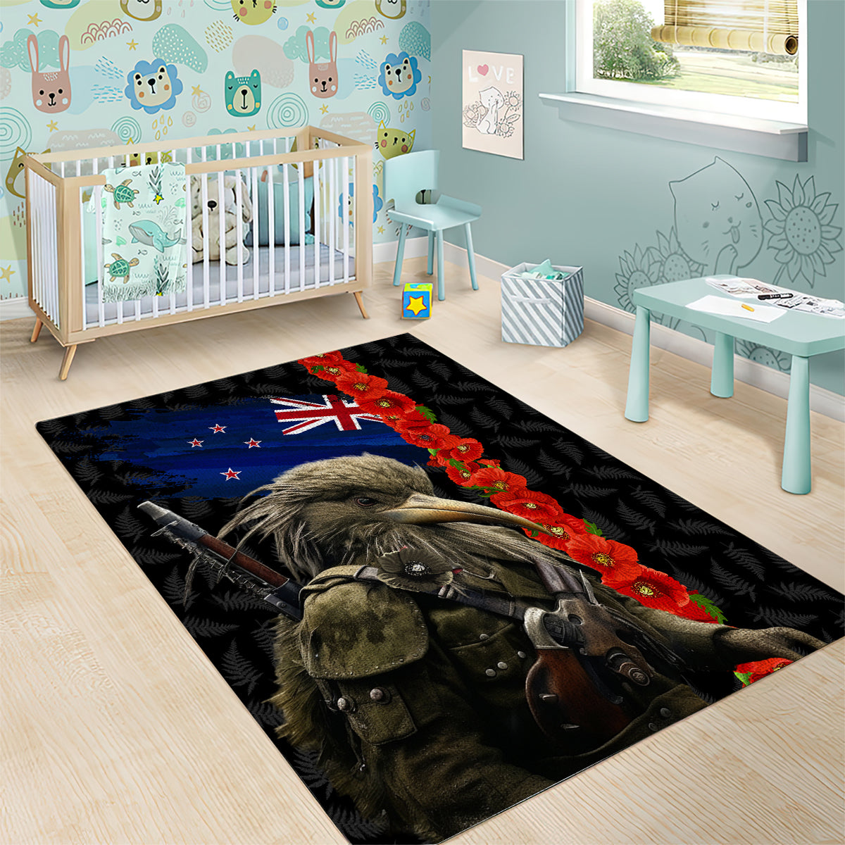 New Zealand Kiwi Soldier ANZAC Area Rug Red Poppy Flower and Silver Fern Pattern - Vibe Hoodie Shop