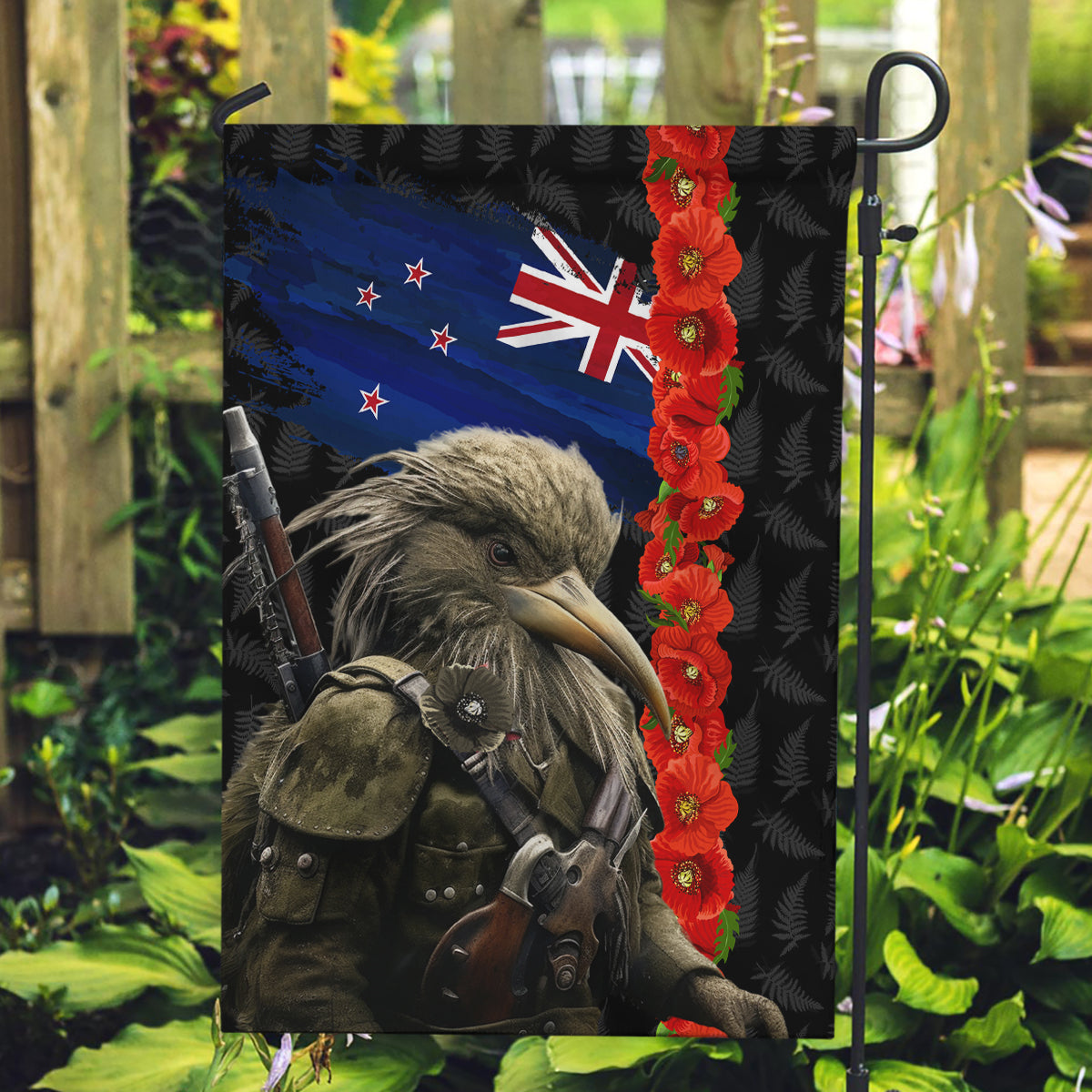 New Zealand Kiwi Soldier ANZAC Garden Flag Red Poppy Flower and Silver Fern Pattern - Vibe Hoodie Shop