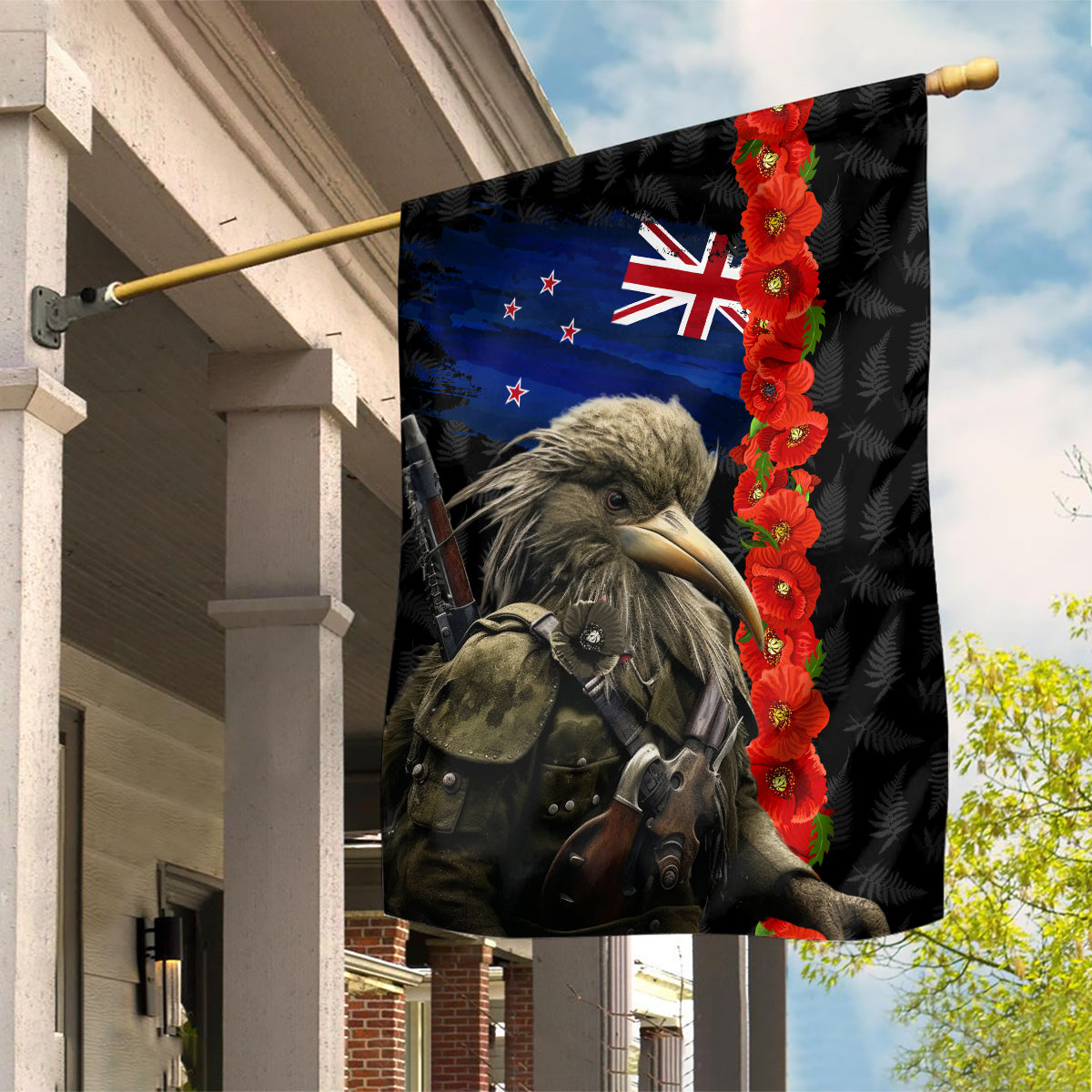 New Zealand Kiwi Soldier ANZAC Garden Flag Red Poppy Flower and Silver Fern Pattern - Vibe Hoodie Shop