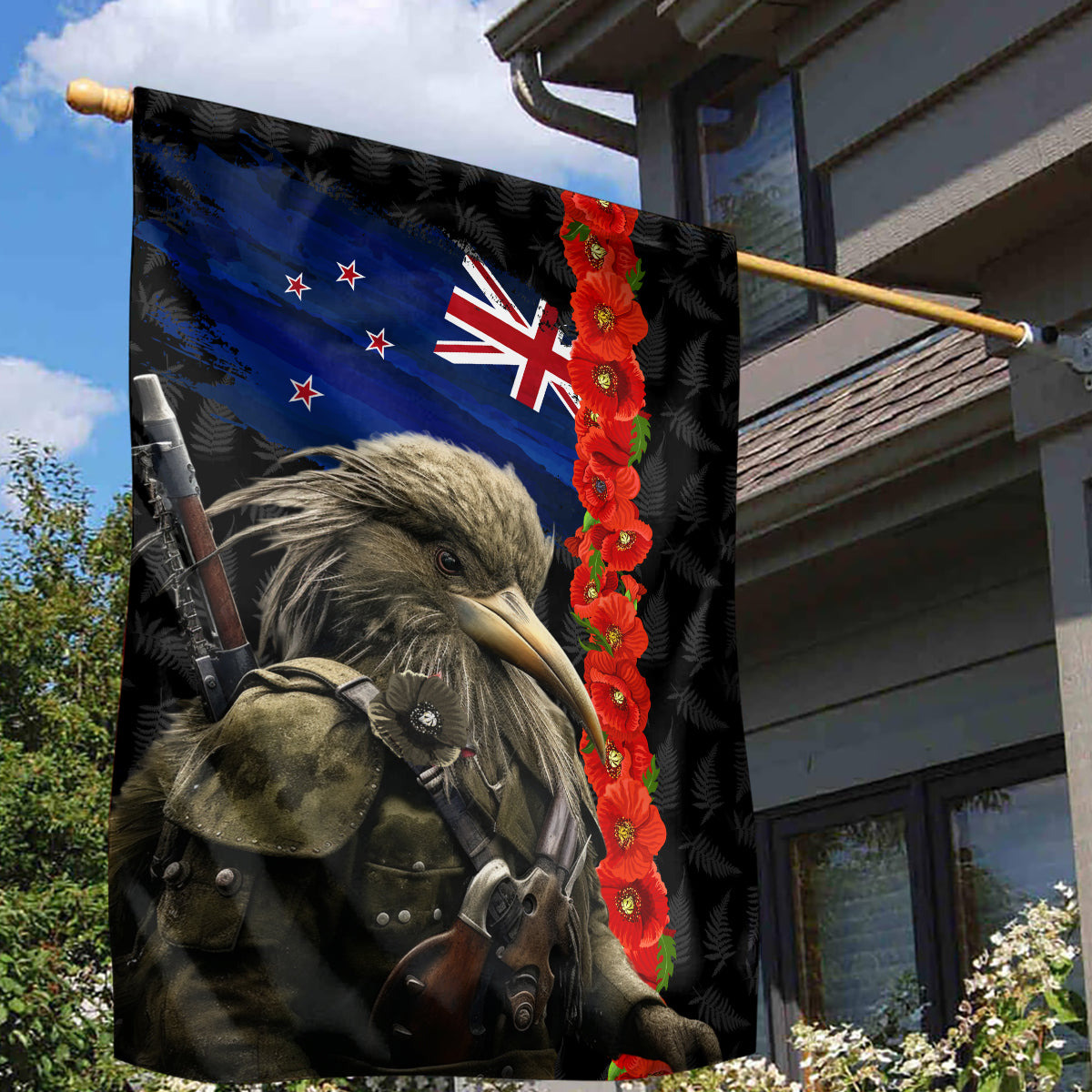 New Zealand Kiwi Soldier ANZAC Garden Flag Red Poppy Flower and Silver Fern Pattern - Vibe Hoodie Shop