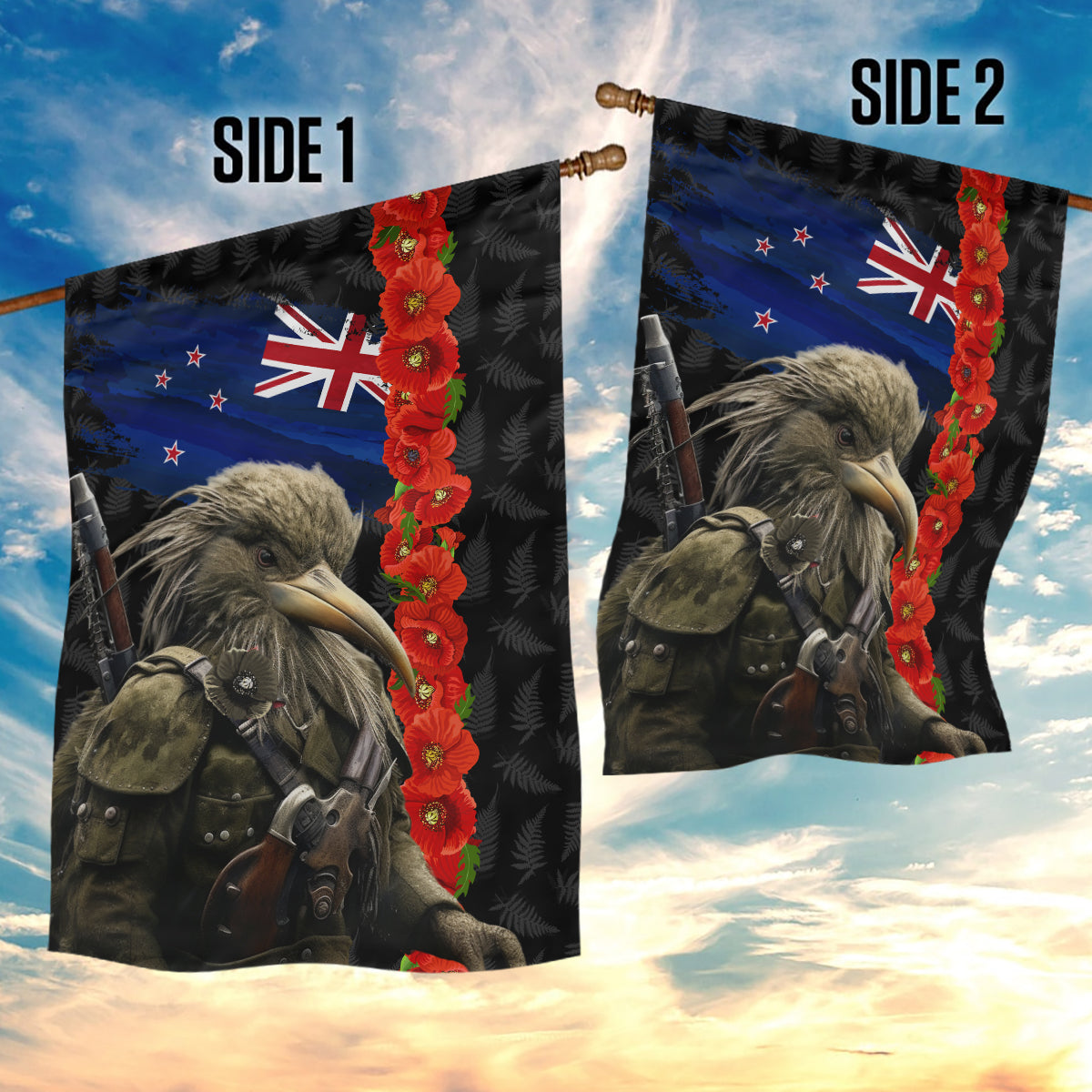 New Zealand Kiwi Soldier ANZAC Garden Flag Red Poppy Flower and Silver Fern Pattern - Vibe Hoodie Shop