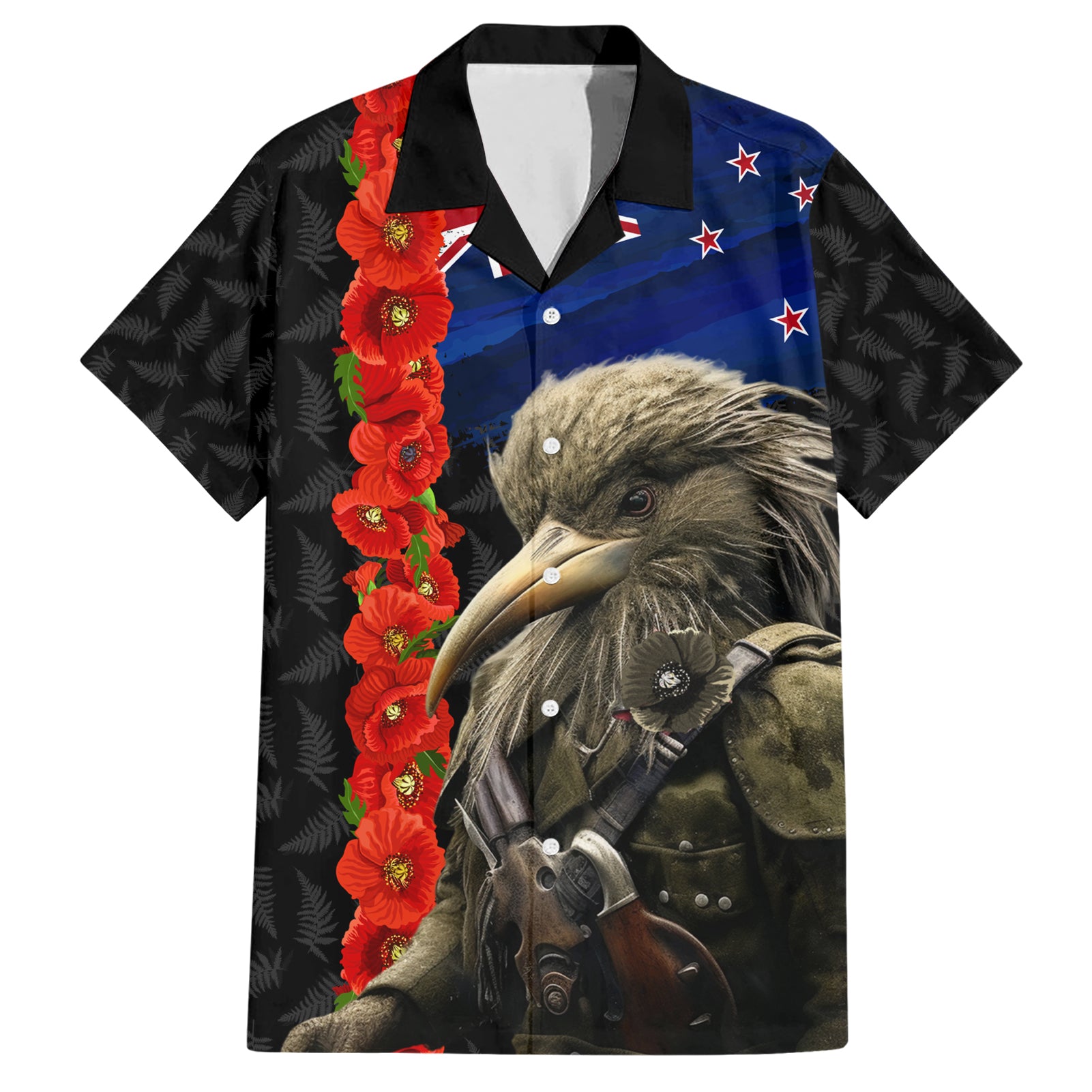 New Zealand Kiwi Soldier ANZAC Hawaiian Shirt Red Poppy Flower and Silver Fern Pattern - Vibe Hoodie Shop