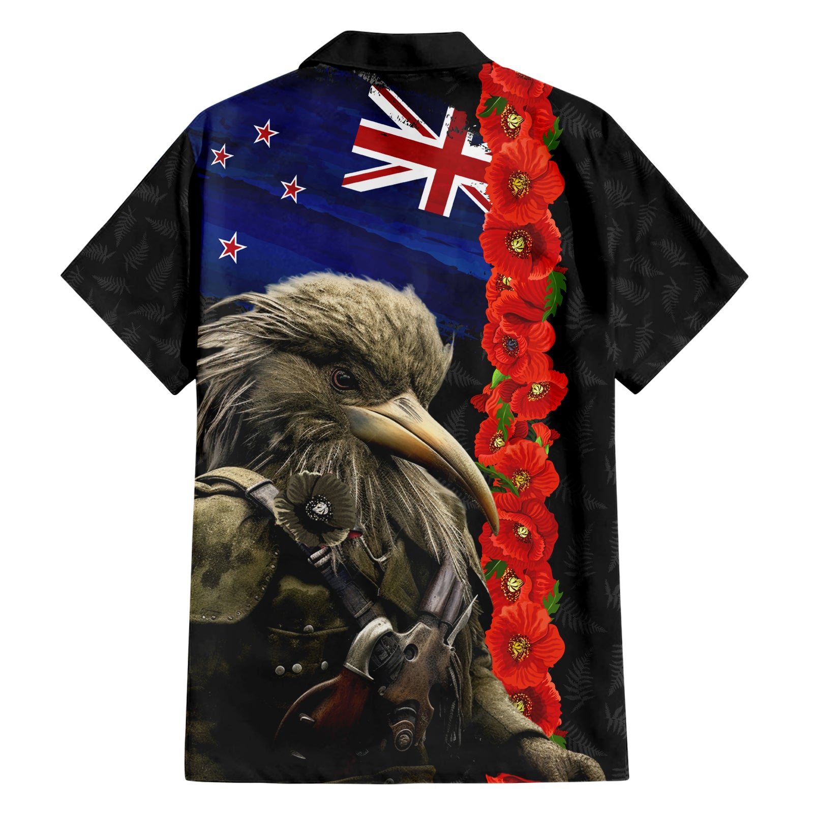 New Zealand Kiwi Soldier ANZAC Hawaiian Shirt Red Poppy Flower and Silver Fern Pattern - Vibe Hoodie Shop