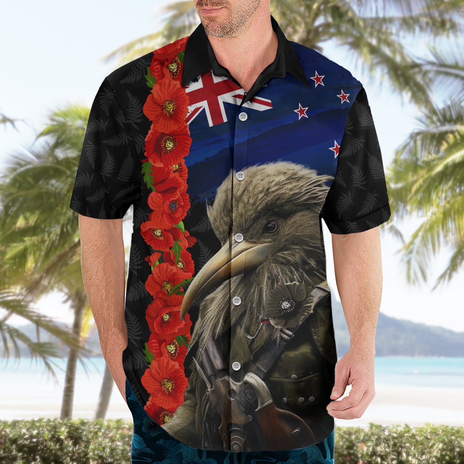 New Zealand Kiwi Soldier ANZAC Hawaiian Shirt Red Poppy Flower and Silver Fern Pattern - Vibe Hoodie Shop