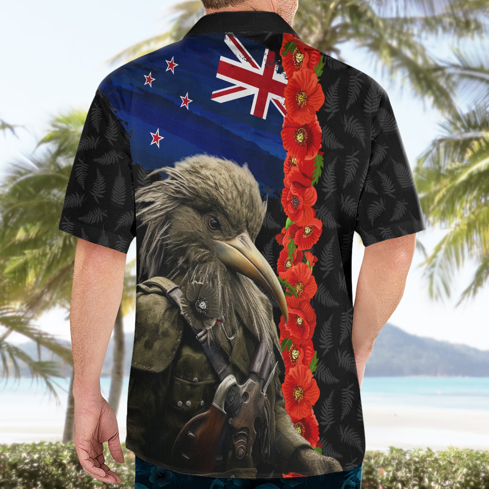 New Zealand Kiwi Soldier ANZAC Hawaiian Shirt Red Poppy Flower and Silver Fern Pattern - Vibe Hoodie Shop