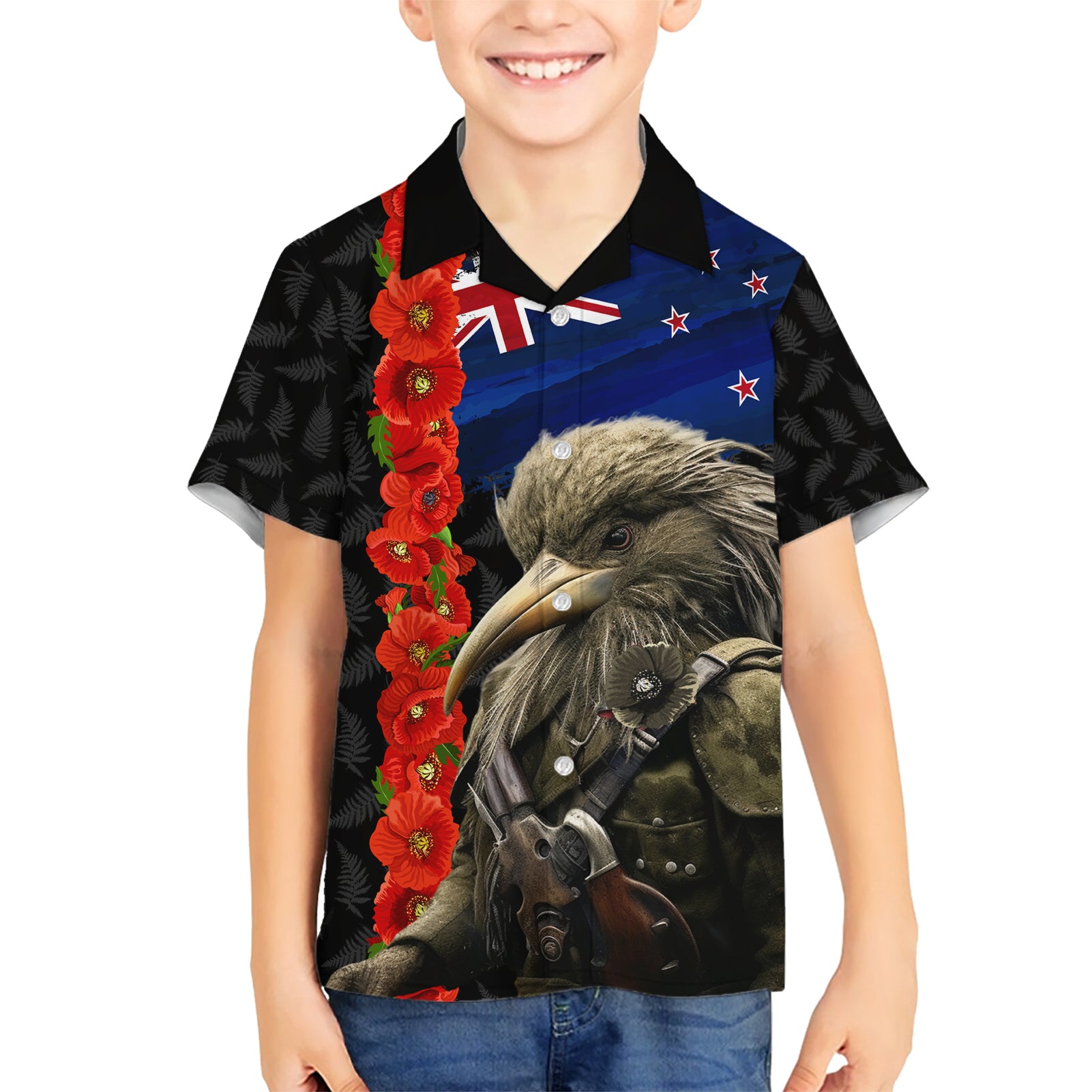 New Zealand Kiwi Soldier ANZAC Hawaiian Shirt Red Poppy Flower and Silver Fern Pattern - Vibe Hoodie Shop