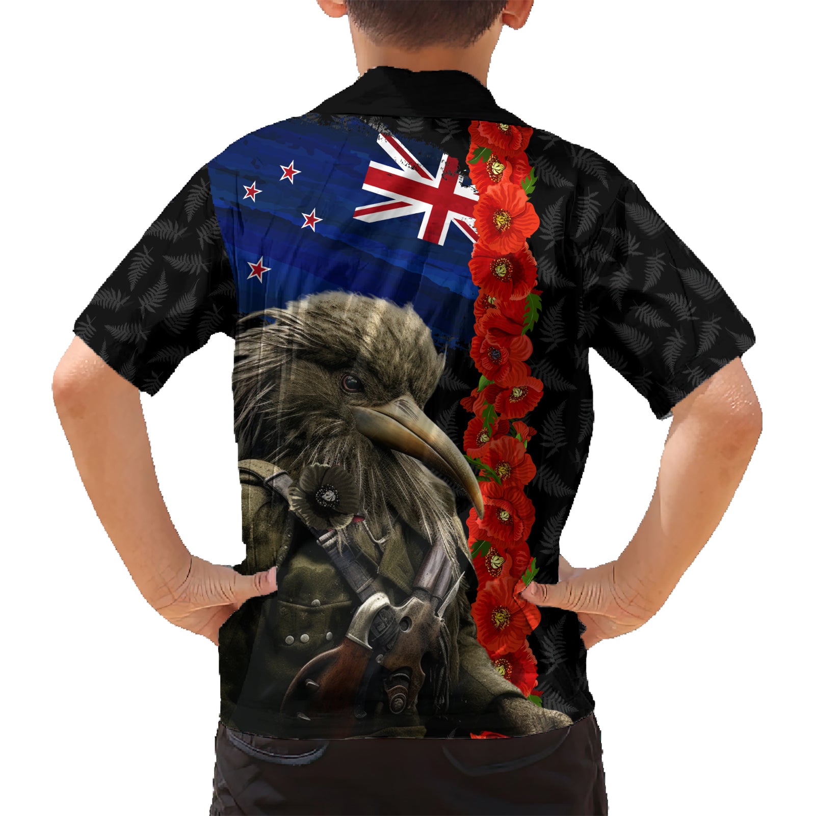 New Zealand Kiwi Soldier ANZAC Hawaiian Shirt Red Poppy Flower and Silver Fern Pattern - Vibe Hoodie Shop