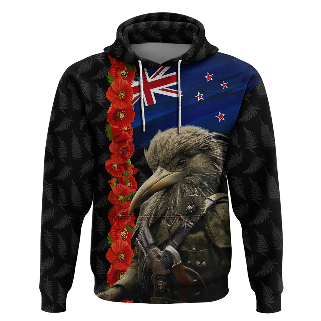 New Zealand Kiwi Soldier ANZAC Hoodie Red Poppy Flower and Silver Fern Pattern - Vibe Hoodie Shop