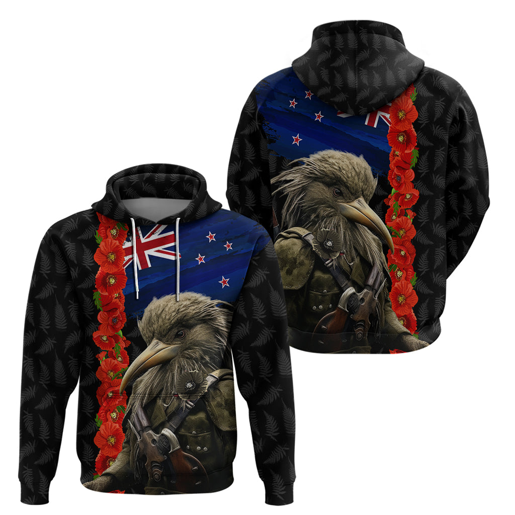 New Zealand Kiwi Soldier ANZAC Hoodie Red Poppy Flower and Silver Fern Pattern - Vibe Hoodie Shop
