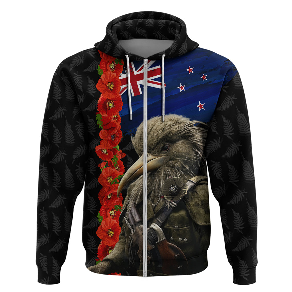 New Zealand Kiwi Soldier ANZAC Hoodie Red Poppy Flower and Silver Fern Pattern - Vibe Hoodie Shop