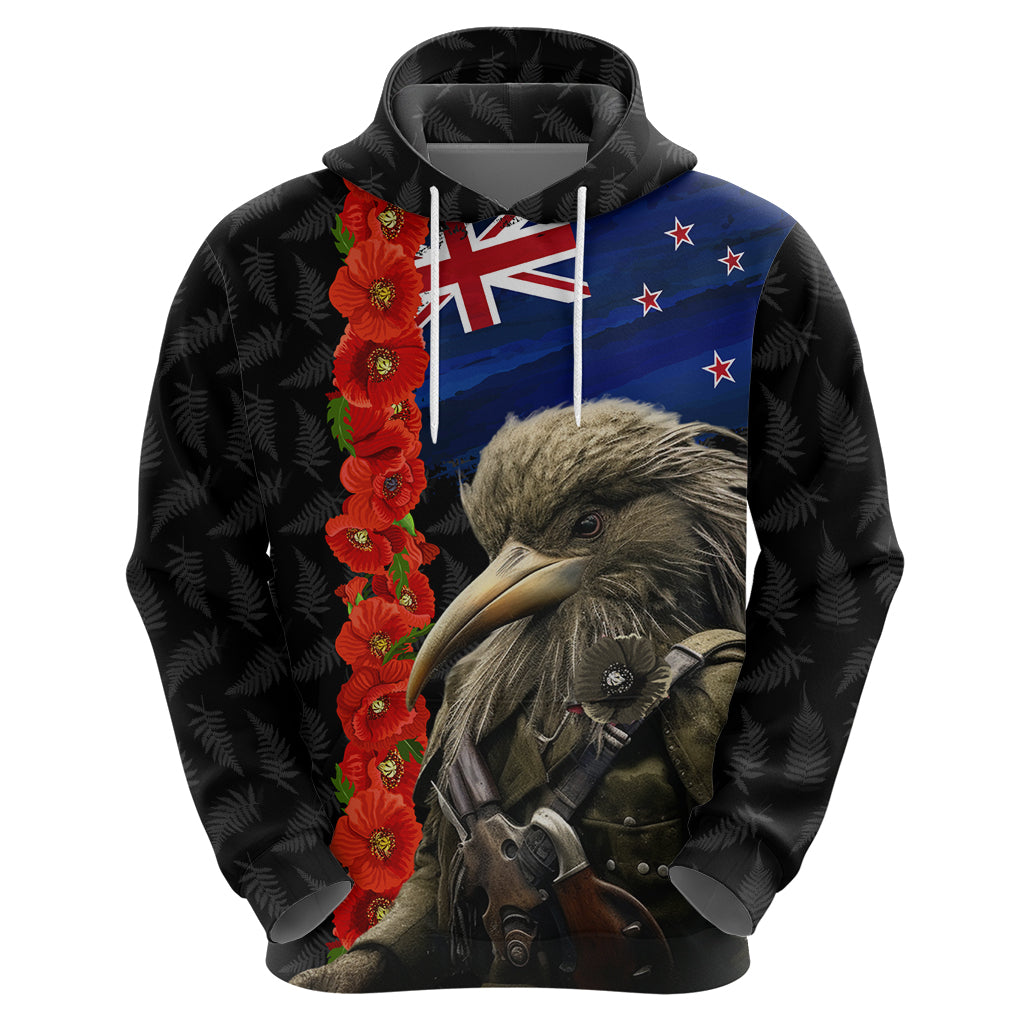 New Zealand Kiwi Soldier ANZAC Hoodie Red Poppy Flower and Silver Fern Pattern - Vibe Hoodie Shop
