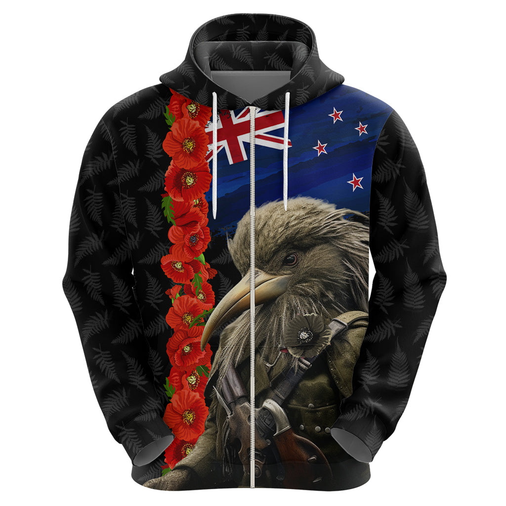 New Zealand Kiwi Soldier ANZAC Hoodie Red Poppy Flower and Silver Fern Pattern - Vibe Hoodie Shop