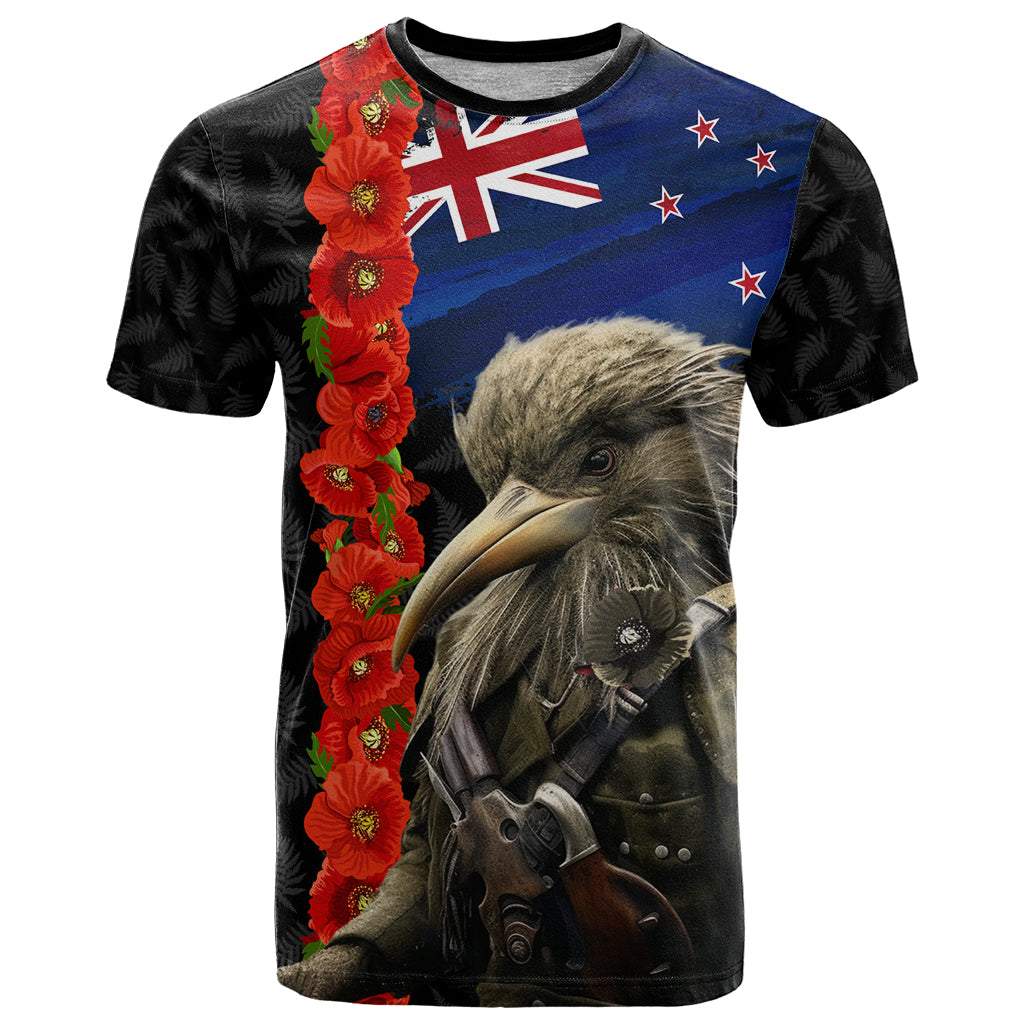 New Zealand Kiwi Soldier ANZAC T Shirt Red Poppy Flower and Silver Fern Pattern - Vibe Hoodie Shop