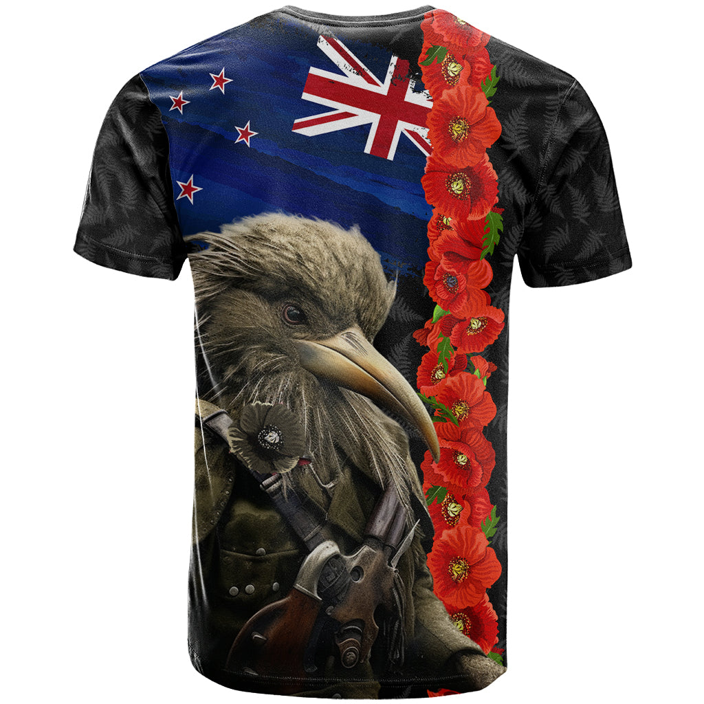 New Zealand Kiwi Soldier ANZAC T Shirt Red Poppy Flower and Silver Fern Pattern - Vibe Hoodie Shop