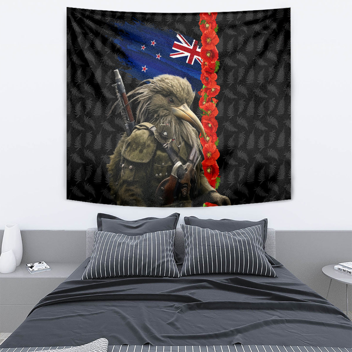 New Zealand Kiwi Soldier ANZAC Tapestry Red Poppy Flower and Silver Fern Pattern - Vibe Hoodie Shop