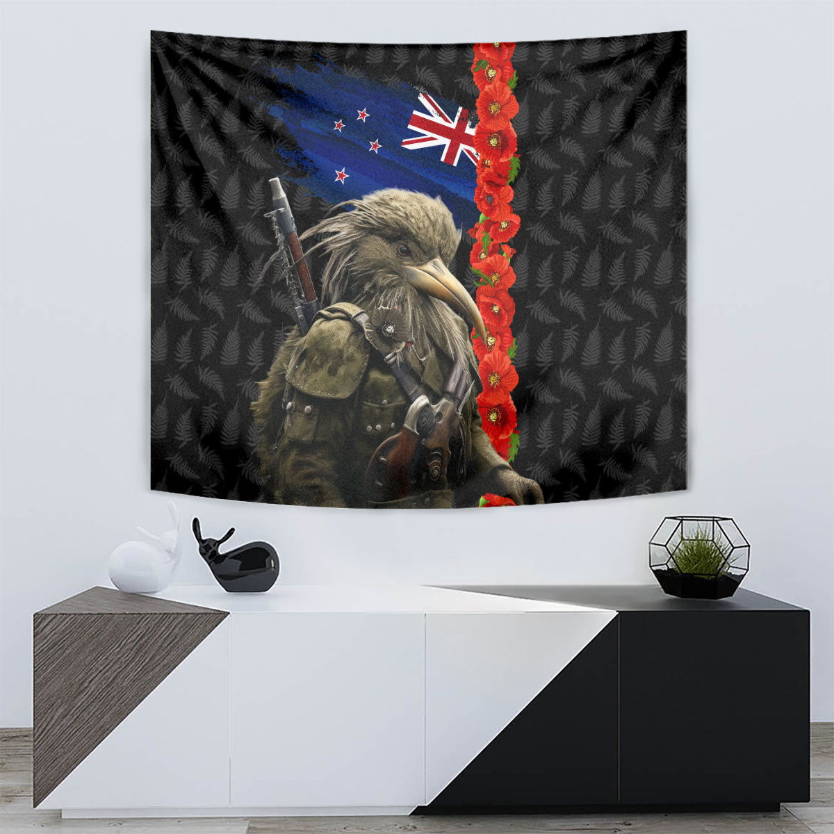 New Zealand Kiwi Soldier ANZAC Tapestry Red Poppy Flower and Silver Fern Pattern - Vibe Hoodie Shop