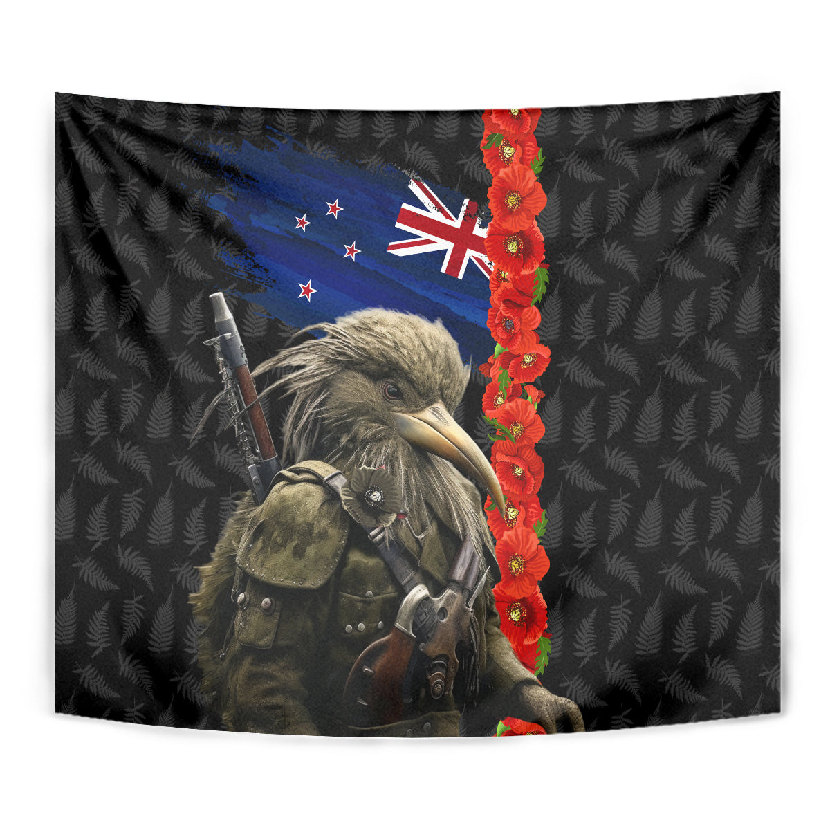 New Zealand Kiwi Soldier ANZAC Tapestry Red Poppy Flower and Silver Fern Pattern - Vibe Hoodie Shop