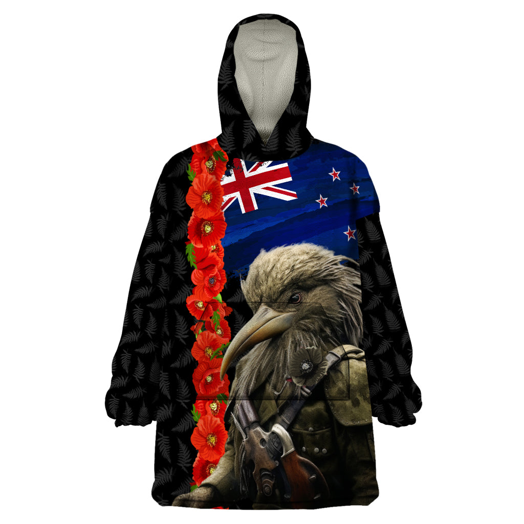 New Zealand Kiwi Soldier ANZAC Wearable Blanket Hoodie Red Poppy Flower and Silver Fern Pattern - Vibe Hoodie Shop