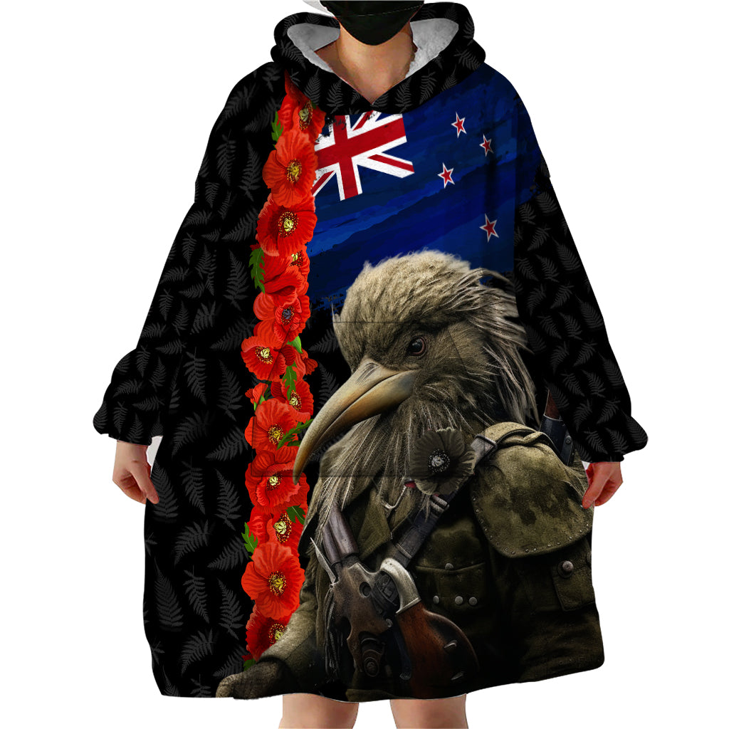 New Zealand Kiwi Soldier ANZAC Wearable Blanket Hoodie Red Poppy Flower and Silver Fern Pattern - Vibe Hoodie Shop