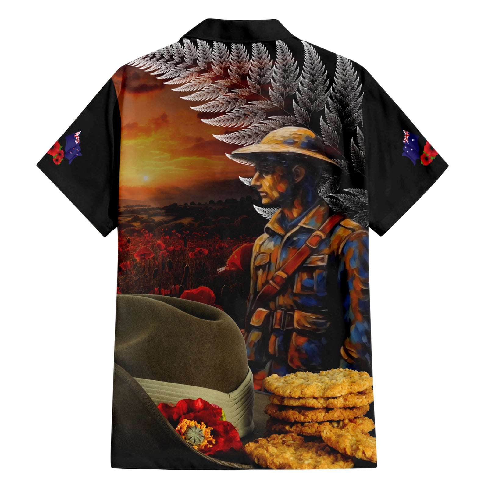 Slouch Hat and Biscuits ANZAC Hawaiian Shirt with Soldier Silver Fern - Vibe Hoodie Shop