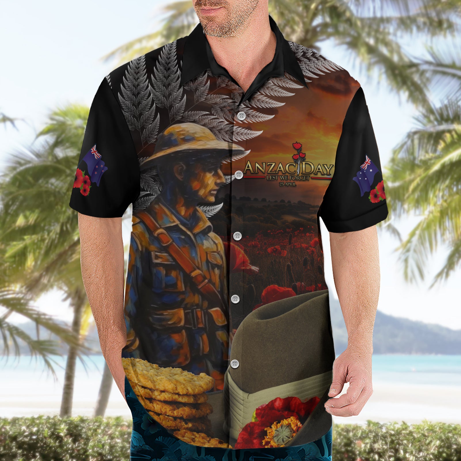 Slouch Hat and Biscuits ANZAC Hawaiian Shirt with Soldier Silver Fern - Vibe Hoodie Shop